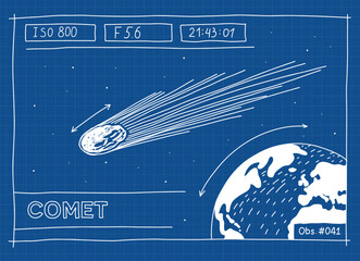 Blue Ballpen Scribble Comet 3I ATLAS Deep Space Visitor Cosmic Object Illustration. Hand Drawn Vintage Scientific Astronomy Art For Social Media Post