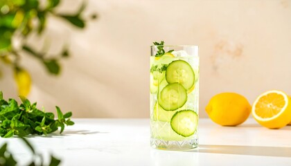 A refreshing glass of cucumber and mint infused water with ice, fresh mint leaves, and lemons on a white table.