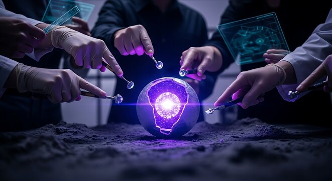 Futuristic research team examining a glowing orb using advanced technology for scientific discovery and innovation