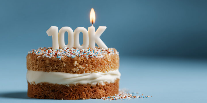 A celebratory cake with a 100K candle, perfect for marking a milestone. A single flame dances atop a beautifully decorated cake. The scene evokes a feeling of accomplishment and joy. 