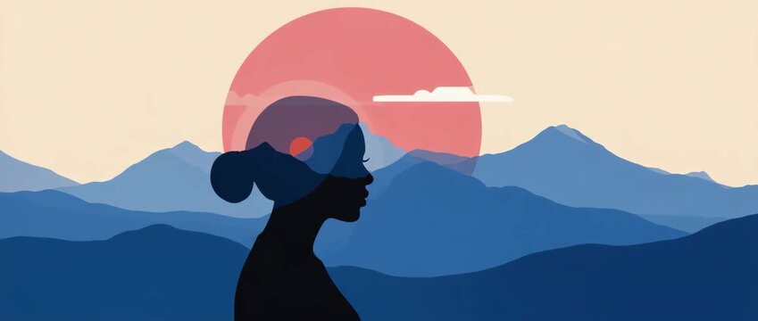 Serene silhouette A tranquil silhouette of a woman merges with a majestic mountain landscape, set against a warm sun, inviting contemplation and peace.