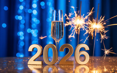 2026 New Year Celebration with Champagne and Sparklers on Glitter Background