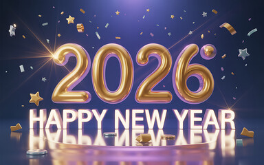 A celebratory New Year's design featuring the year 2026 in bold, golden 3D letters with a reflective, metallic finish