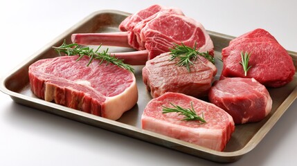 Raw Meat Assortment with Rosemary on a Metal Tray Ready for Cooking or a BBQ, High Angle, Isolated on White