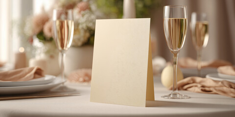 An elegant setting features champagne flutes and a blank card, perfect for adding a personalized message