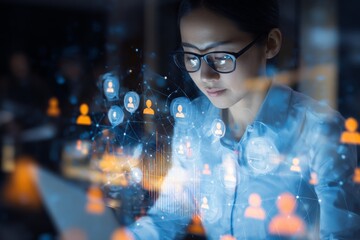 Charting success: a finance officer's journey through data and trends. Digital society network. Stock market analysis by a finance officer in a conference room. Virtual teamwork icons.