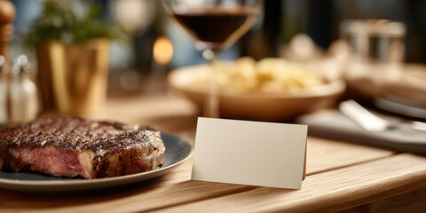 Naklejka premium An elegantly served steak with wine and a blank card, perfect for a special occasion. The delicious meal is presented on a wooden table, promising a delightful dining experience.