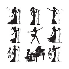 Silhouettes of women singing into microphones and playing piano with musical notes woman