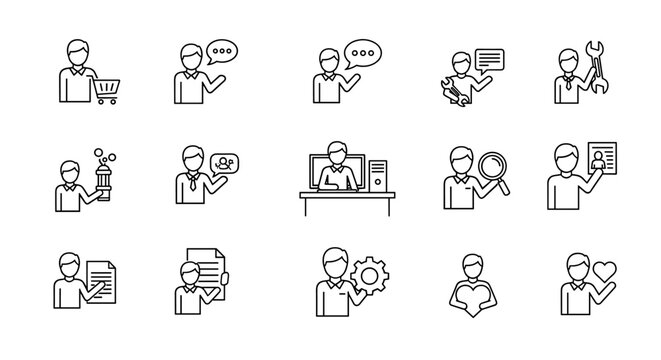 Collection of outline icons representing users engaged in various activities: shopping, communication, technical support, research, and personal expression, rendered in a clean, thin-line vector