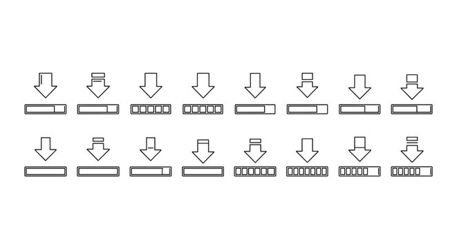 Collection of outline signs featuring a downward-pointing arrow above a progress bar, rendered with thin lines, suitable for apps, websites, banners, infographics, and various design projects. This