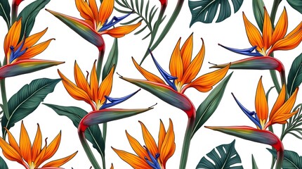 Color contrast Bird of Paradise flower and exotic tropical leaves seamless pattern