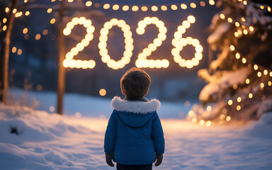 Boy standing in a field with a sign that says 2026