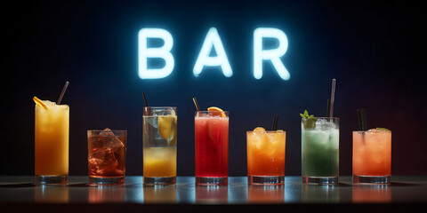 Various cocktails artfully arranged behind a glowing BAR sign, creating an inviting and stylish atmosphere. The drinks showcase an array of colors and garnishes.