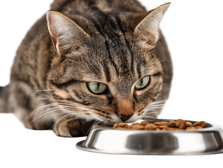 Pet cat isolated, adult cat eating cat food from a food bowl, adorable cat close-up portrait, isolated on a transparent background, professional pet photography, pet food advertising concept