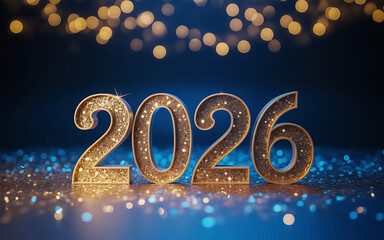 Bright and Shimmering of Golden 2026 Number with Sparkling Blue Festive Scene Celebrating the Upcoming New Year Holiday