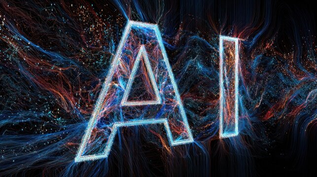 AI Digital Abstraction: A captivating digital composition showcasing the letters AI, rendered in a futuristic, neon-like style against a backdrop of swirling, colorful data streams. - Powered by Adobe