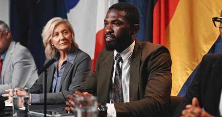 Politics, event and man with speech at press conference for campaign update, delegation or...