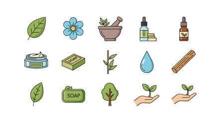 Set of vivid, flat design icons representing nature and organic cosmetics, including leaves, flowers, soap, cream, essential oil bottles, bamboo, water drop, wood, and hands holding sprouts, perfect