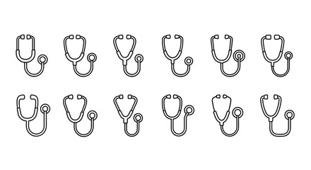 Collection of simple, linear, outline stethoscope icons suitable for various applications including websites, books, cards, and apps, presented as editable stroke vector cartoon illustrations