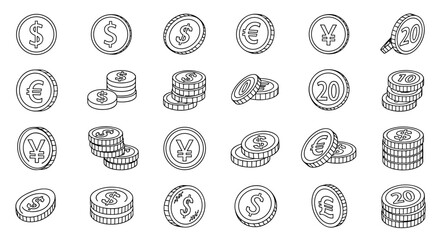 Collection of outline vector coin illustrations featuring dollar, euro, yen, pound symbols, and numbered coins, perfect for infographics, financial articles, books, flyers, and banners, with editable