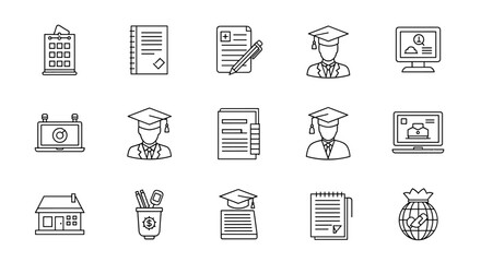 Collection of outline-style icons representing school, college, and university life, including graduation caps, laptops, notebooks, a house, and a money bag, perfect for educational apps, social
