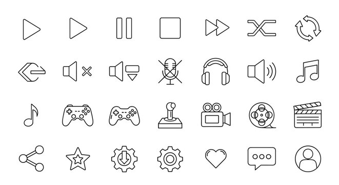 Modern outline style icons for design, cards, apps, and social networks. This ordered set includes play, pause, stop, fast forward, rewind, shuffle, repeat, volume controls, mute, microphone