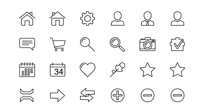 A clean and modern vector line icon set featuring essential symbols like houses, gears, user profiles, chat bubbles, shopping carts, magnifying glasses, cameras, calendars, hearts, stars, and