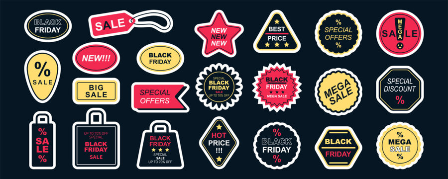 Big Collection tags and stickers for Black Friday sales. Various geometric shapes with inscriptions. Big Set for sales, discounts, Black Friday, Cyber Monday and stores. Set on black background