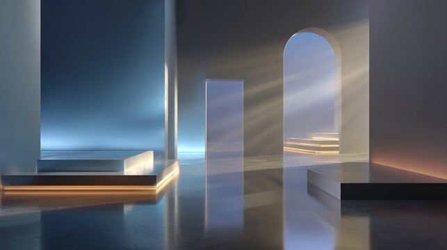 interior with a polished, reflective concrete floor. Features geometric shapes, glowing neon accents, arched opening through which dramatic sunbeams stream, creating a futuristic showroom or stage. - Powered by Adobe