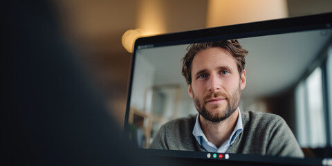A man engaged in a video call, showcasing a business meeting or remote conversation through a laptop screen.