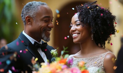 Love, confetti, and wedding celebration, capturing the joy of marriage and romance. A couple exchanging vows, surrounded by flowers and festive confetti for a wedding ceremony, Generative AI