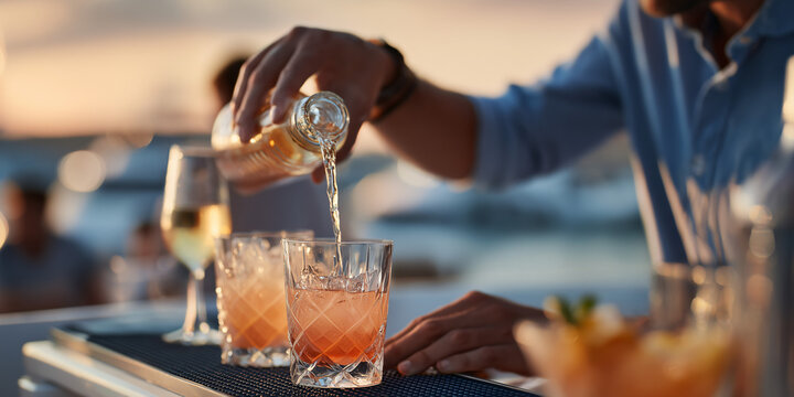 A bartender pouring a drink into a glass, creating a delicious cocktail