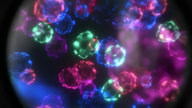 A first person pov shot looking into a microscope eyepiece revealing a vibrant world of abstract cellular structures concept of discovery and hidden microcosm