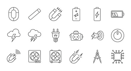 Collection of 18 essential technology and science line icons, featuring magnets, batteries, lightning, power plugs, fans, and a CPU chip, perfect for graphic and web design, apps, adverts, and