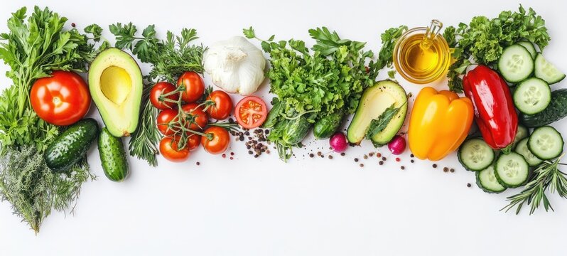 Fresh assorted vegetables and herbs including tomatoes, avocados, cucumbers, bell peppers, garlic, and leafy greens arranged horizontally with olive oil and spices on a white background