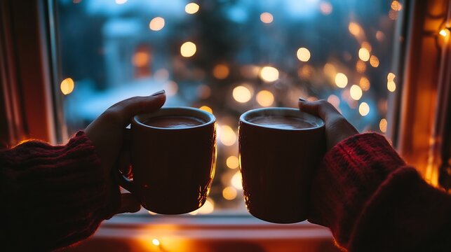 Couple holding mugs of hot chocolate near window Christmas lights reflection cozy faceless romantic festive mood