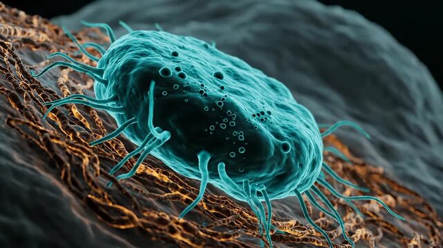 Bacterium moves across tissue surface. Microscopic microbe shows flagellum and cell details. Pathogen clings to fiber and forms biofilm. Infection process visualized in close up. Aid for research.