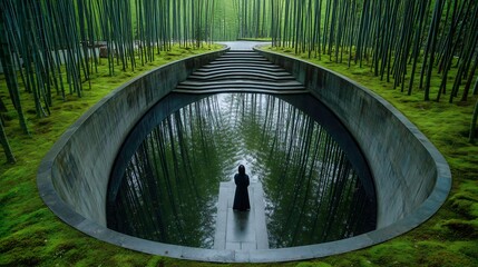 Serene Reflection: Woman Contemplates Tranquility in a Bamboo Forest Garden with a Dark Pool and Stairway