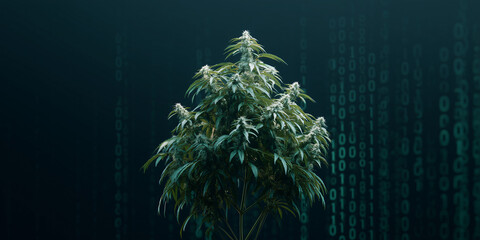 Cannabis plant in a digital world with binary code background, symbolizing the intersection of nature and technology