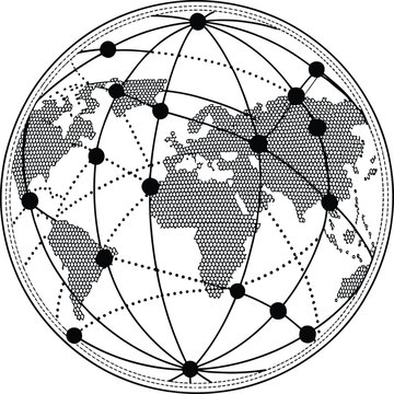 A stylized world globe with continents shown in a dotted pattern and connected by lines and nodes