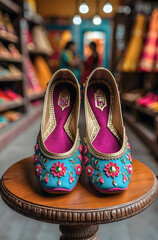 Vibrant blue & pink pair of handcrafted Indian Mojari (Jutti) on a wooden surface, showcasing beautiful floral and bead embroidery. Traditional style.