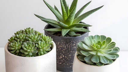 Three potted succulent plants isolated on white background