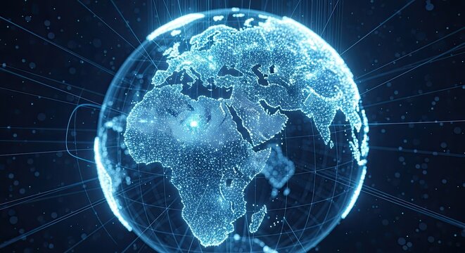Global connectivity represented by a stunning, glowing digital earth globe, ideal for illustrating international business, technology, communications, and innovation