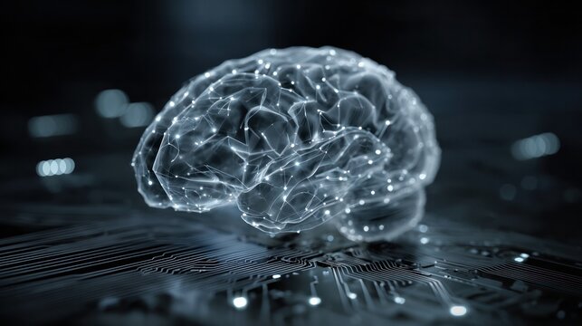 Brain of the Future: The image presents a luminous, futuristic depiction of the brain, overlaid on a circuit board, symbolizing the convergence of human intelligence and technology.