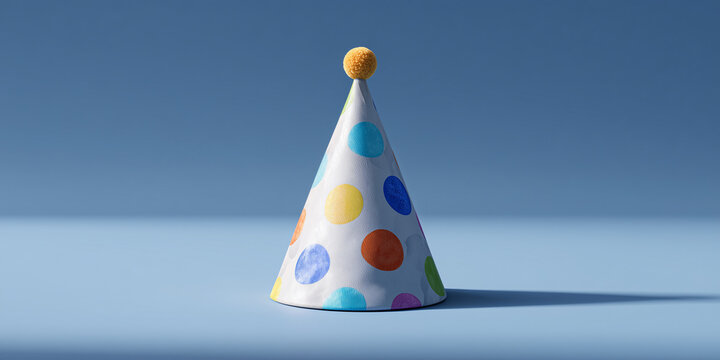 A colorful party hat with a cheerful polka dot design. The hat is placed on a light blue background, suggesting a festive occasion - Powered by Adobe