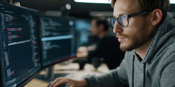 A coder is focused on screen, deep in the work