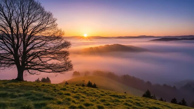 Bare tree silhouette sunrise over misty hills landscape
