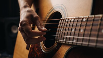 Playing Acoustic Guitar Close-up Hands Plucking Strings, Musical Instrument, Music Concept, Close-up