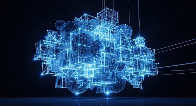 Stunning futuristic abstract network of glowing blue geometric shapes symbolizing data, connectivity, and advanced technology in a dark, modern space