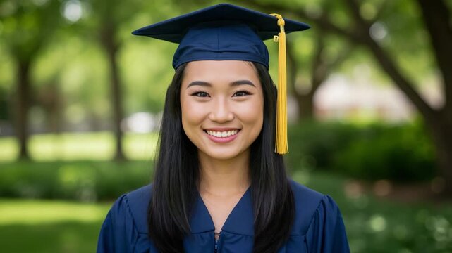 Asian Student Graduation Day Celebration with Academic Gown in Tranquil Nature Setting